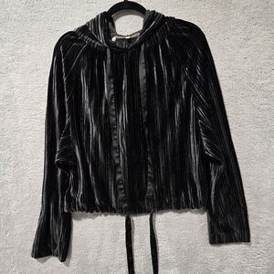 Rachel by Rachel Roy Sz L Black Pleated Velvet Pullover Hoodie Womens Whimsical